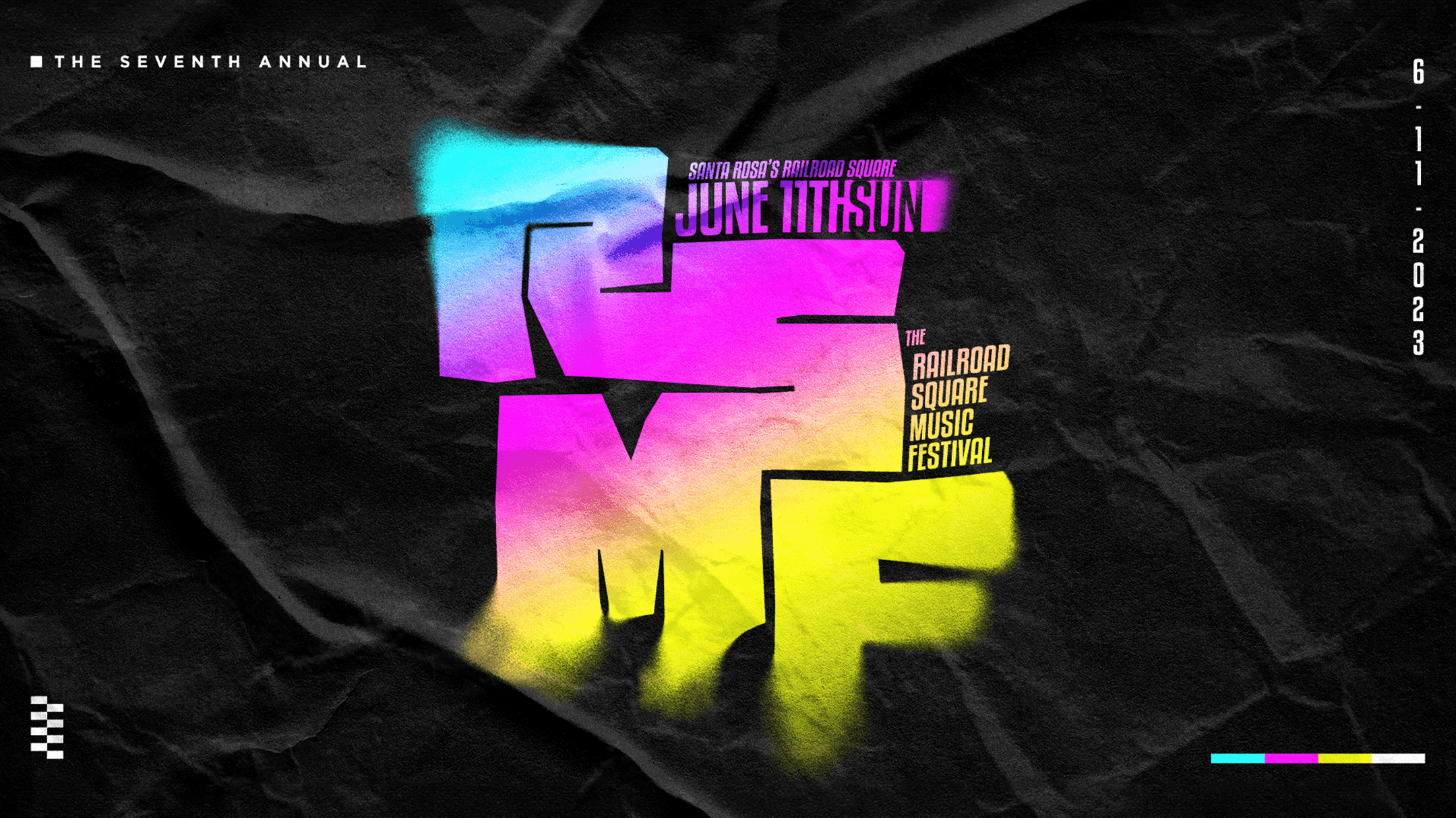 RSMF 2023 neon gradient logo on crumpled black paper